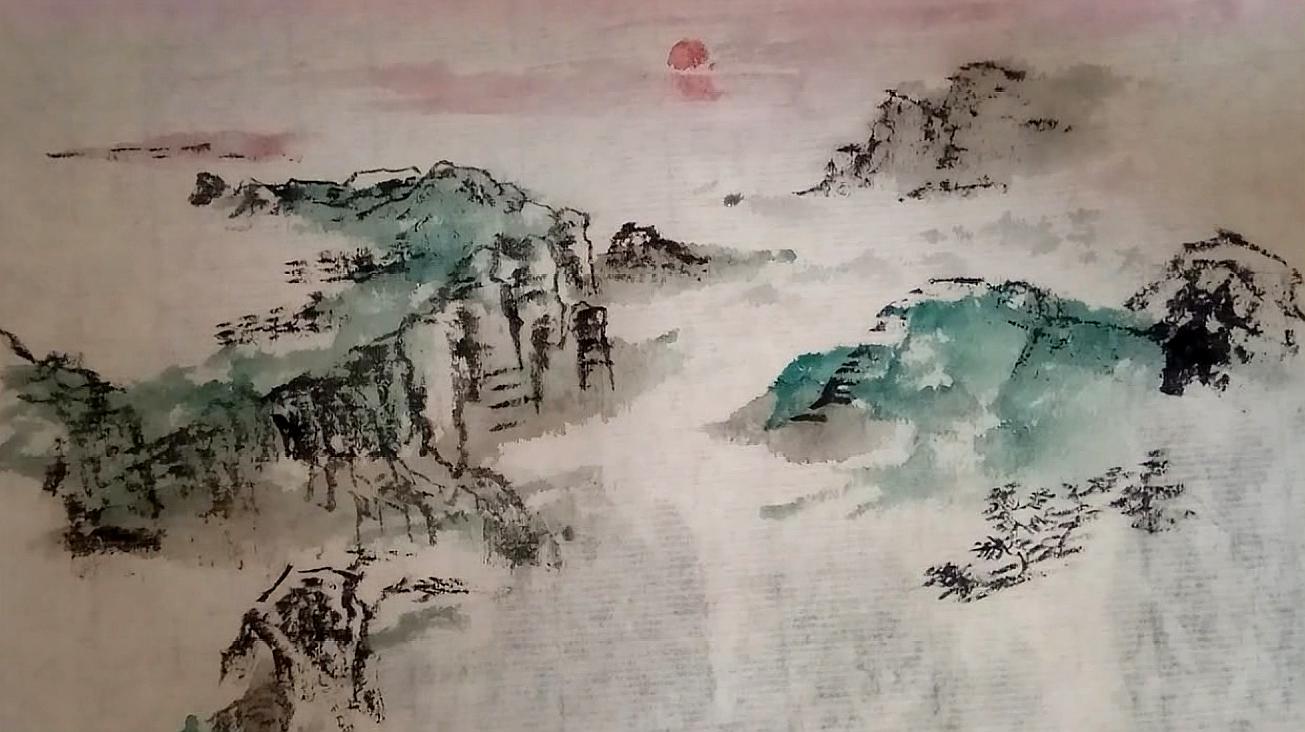 国画山水,日出云海,淡墨渲染山体