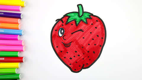 宝宝爱涂色 :画一个调皮的草莓,适合宝宝学习的卡通水果简笔画!