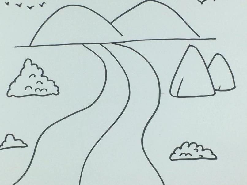 3河流简笔画:首先画出两道s型的曲线,将其由远及近的画出大小不一的