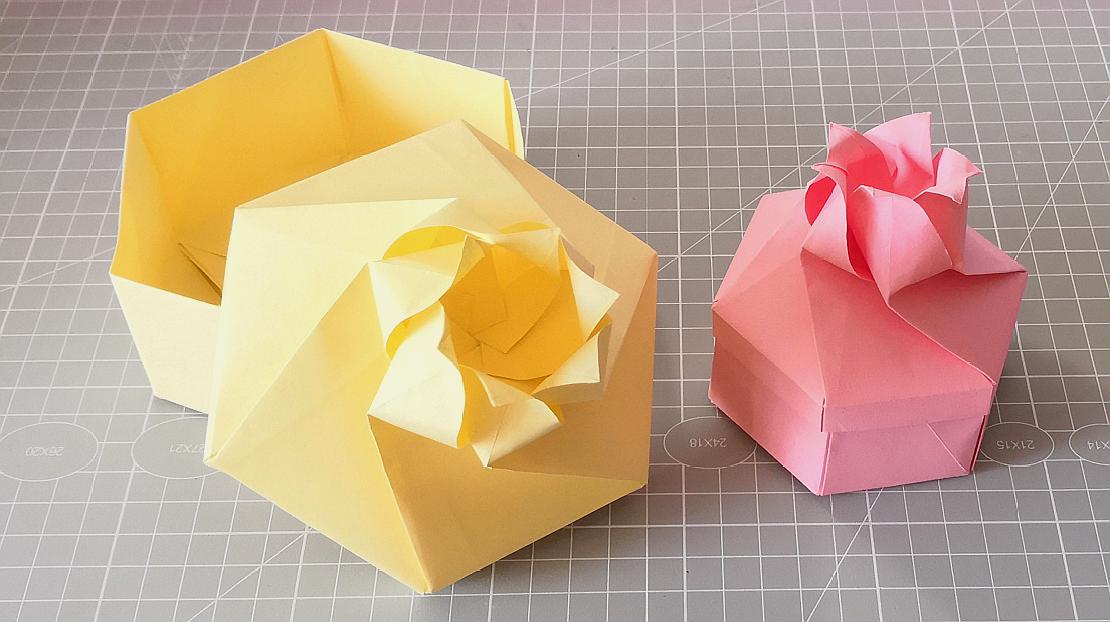 有点难度的折纸花盖盒子,成品非常漂亮,快来挑战一下吧