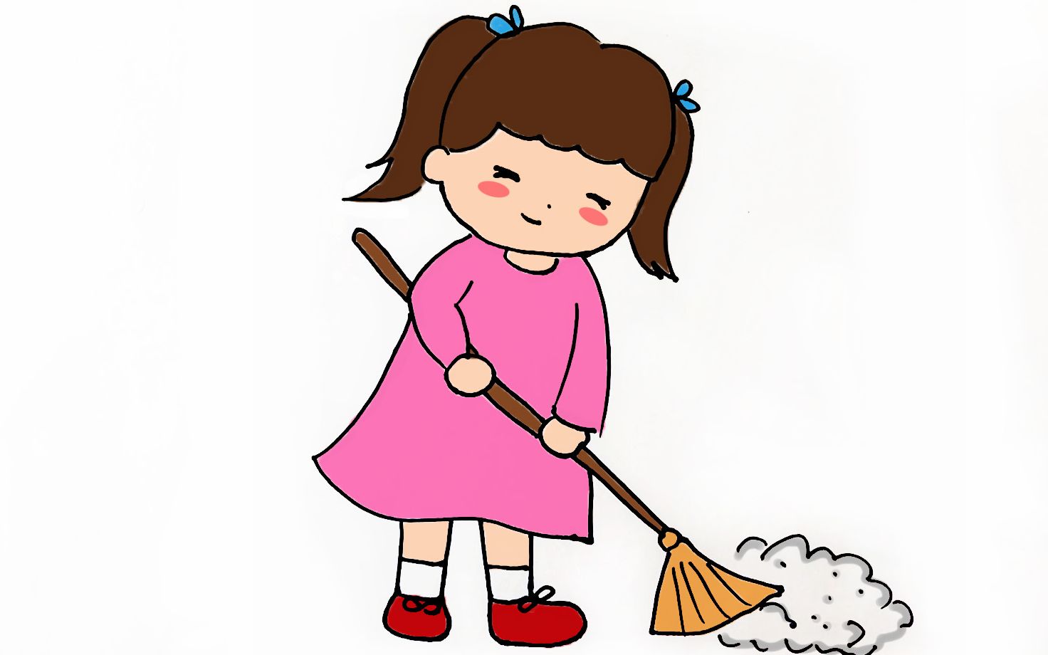 春节一起大扫除!学画勤劳的扫地小女孩简笔画