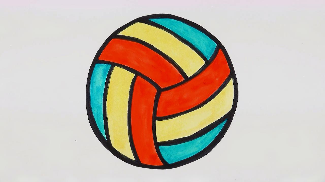 先画出一个大大的圆,再勾勒出排球的纹理,用两种不同的颜色涂上就可以