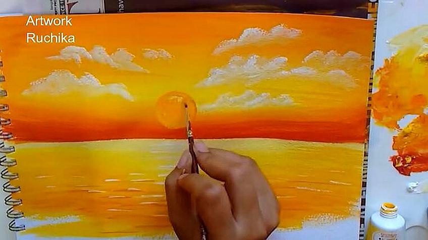 画一幅水粉落日,感受落日风光 2海边落日画:用黄色渐变画出天空,然后