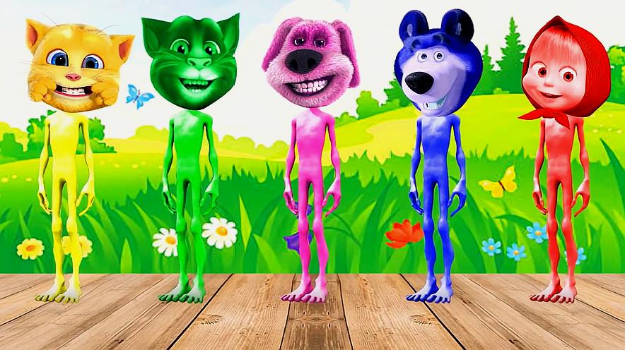 彩色的外星青蛙人戴上了不同的卡通形象面具,好有趣呀!