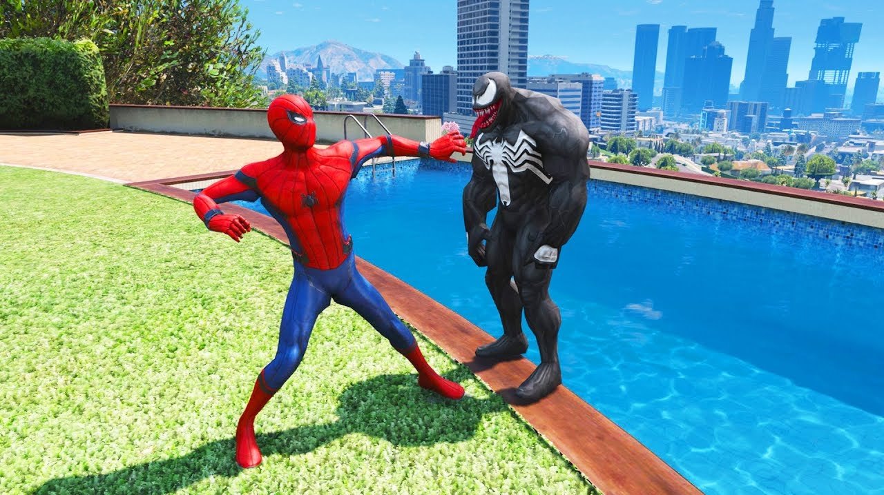 gta5搞笑时刻:蜘蛛侠和毒液玩花式跳水,真是两个捣蛋鬼