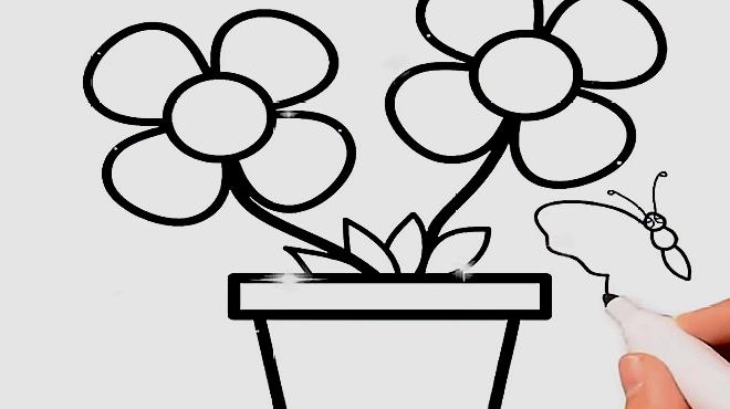 2花盆简笔画:先画出花盆的大概形状,然后画出装饰,再画上花朵就可以