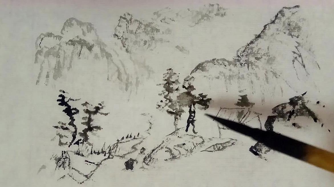 国画山石,流水,远山的组合,诗情画意