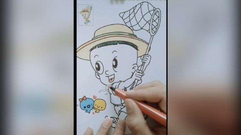 儿童涂色-大头儿子拿着网捉虫子