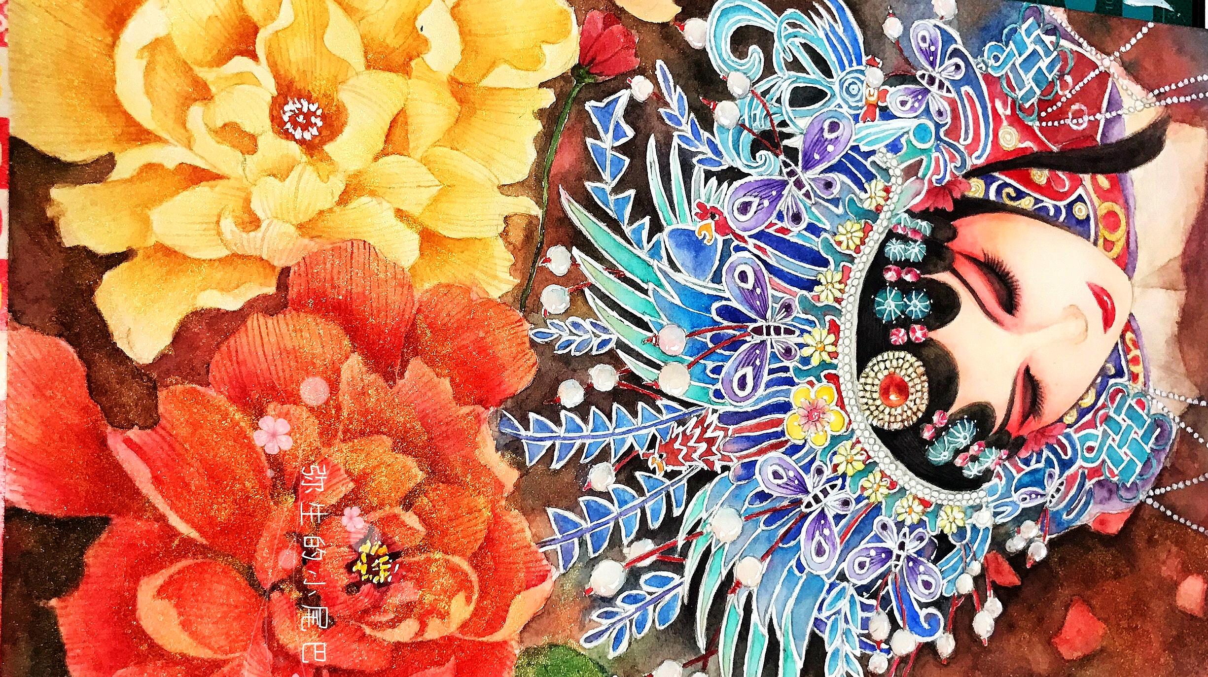 水彩手绘京剧戏曲《花旦》,画的太美了,网友:好想跟学习!