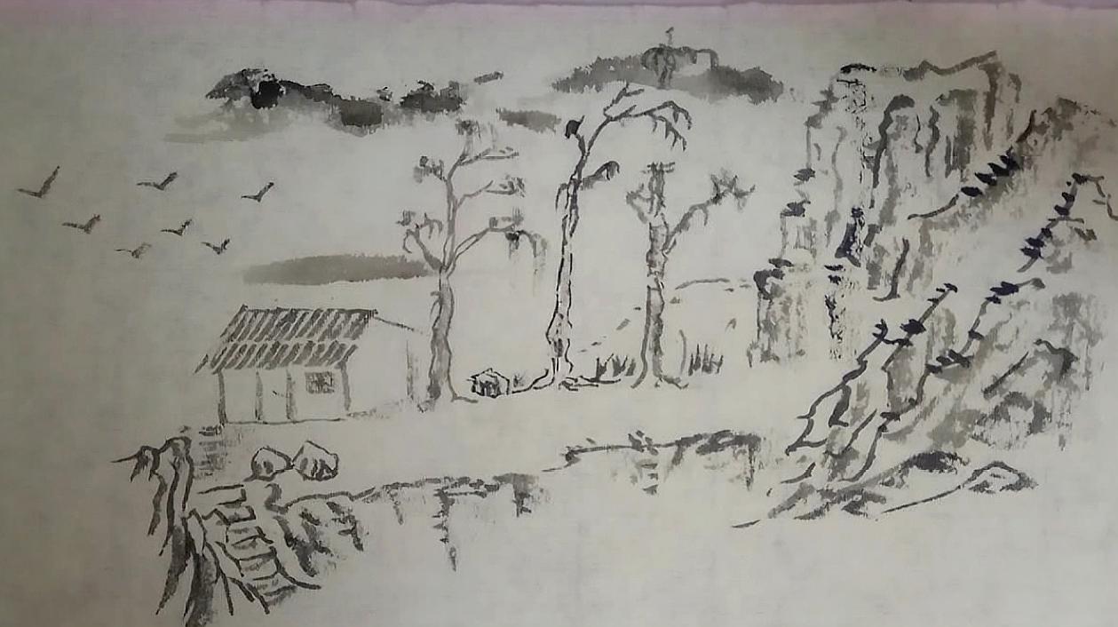 国画山水,山路边上的村庄,青山郭外斜