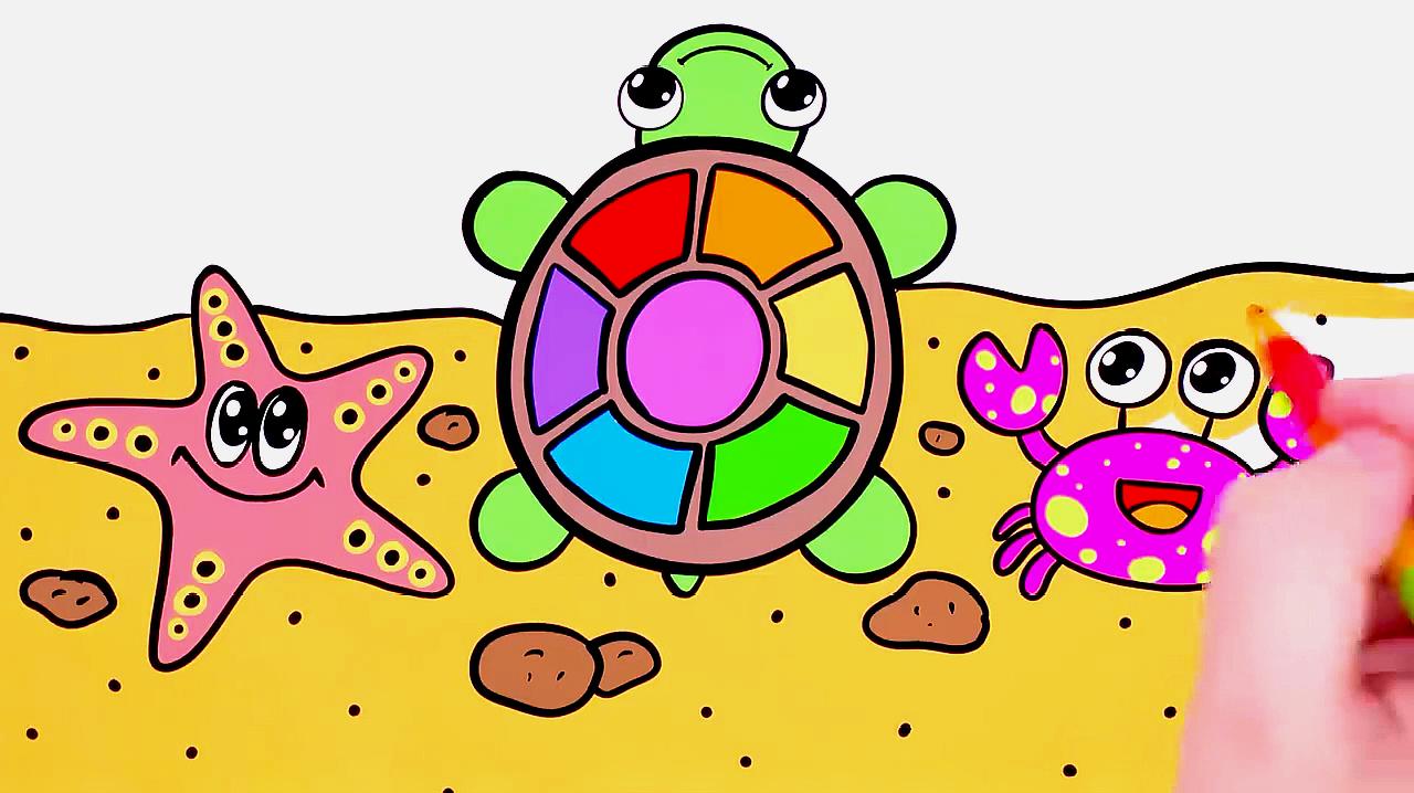 5海龟简笔画:首先画出龟壳和身体,在龟壳上画上花纹,最后涂上颜色就