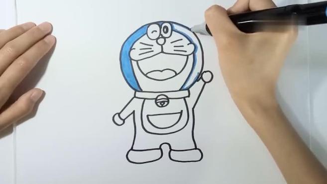 3哆啦a梦的简笔画画法:先画出哆啦a梦的头,再将身体画出,最后上色就