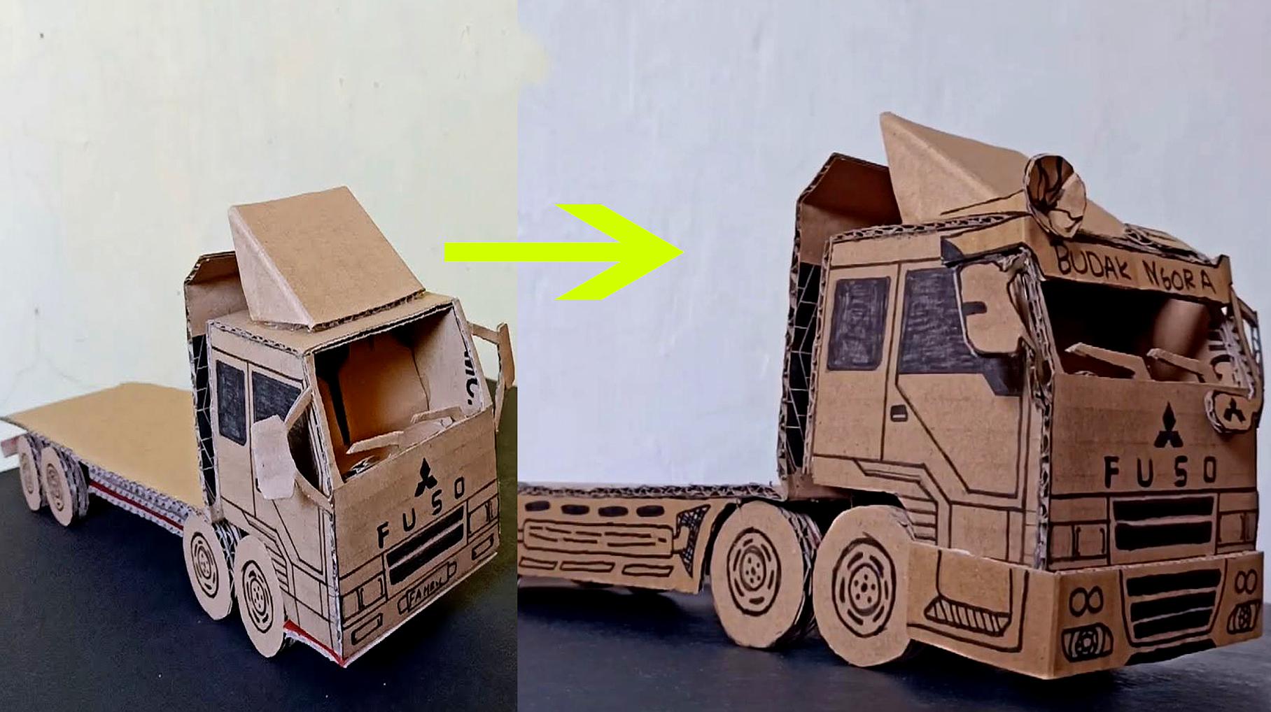 纸板玩具车教学,教你把做好的三菱运输车,手工改造成酷炫新外观