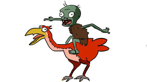 小范亲子简笔画 :骑着鸵鸟的僵尸卡通漫画