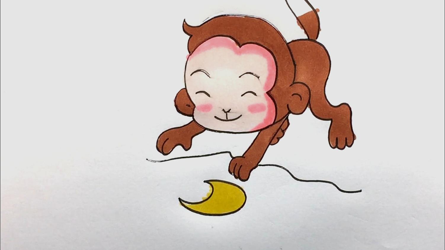 故事简笔画之猴子捞月,小猴子捞月亮,可是它能捞到什么呢?