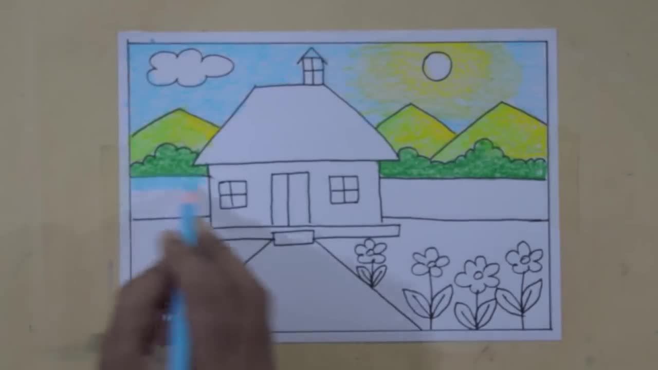 如何画简单的风景,为孩子画乡村风景画