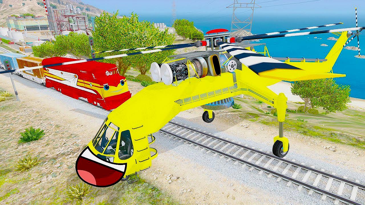 gta5:漫威蜘蛛侠,浩克和悟空把超大直升机和货车停在火车铁轨上