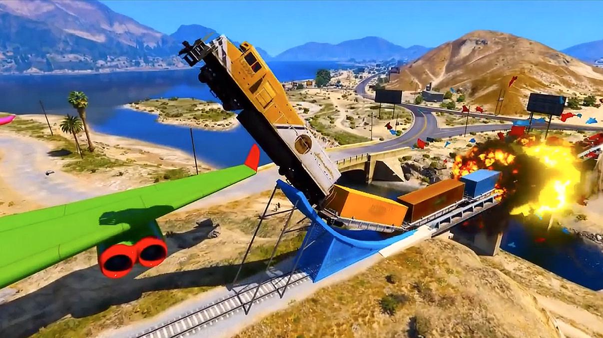 gta5:搞笑玩法,漫威蜘蛛侠把超大跳板和运输机停在火车铁轨上