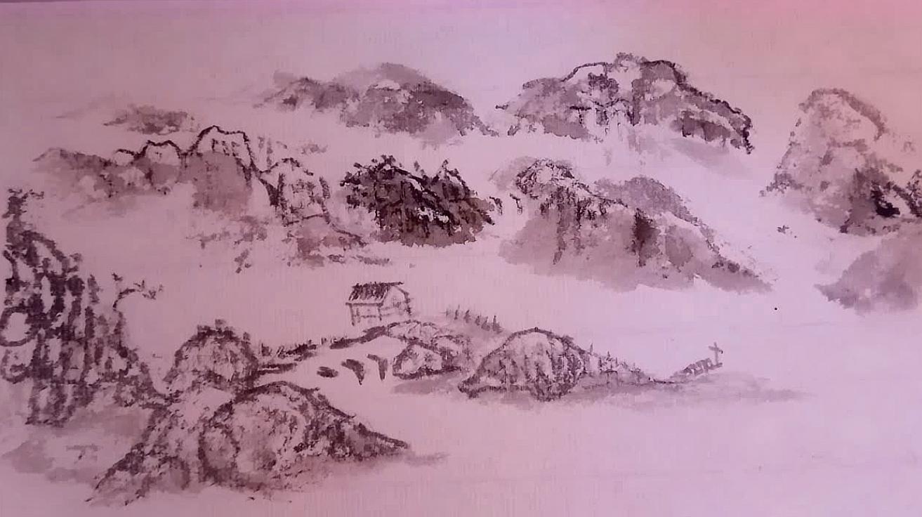 国画山水,大山下的小村庄,云山雾绕