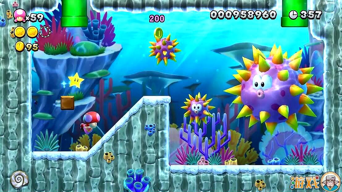 新超级玛丽海底历险记,马里奥派蘑菇侍卫pk巨型刺猬鱼