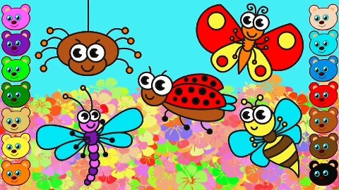趣味儿童卡通绘画《昆虫:蜜蜂,蝴蝶,蜻蜓》