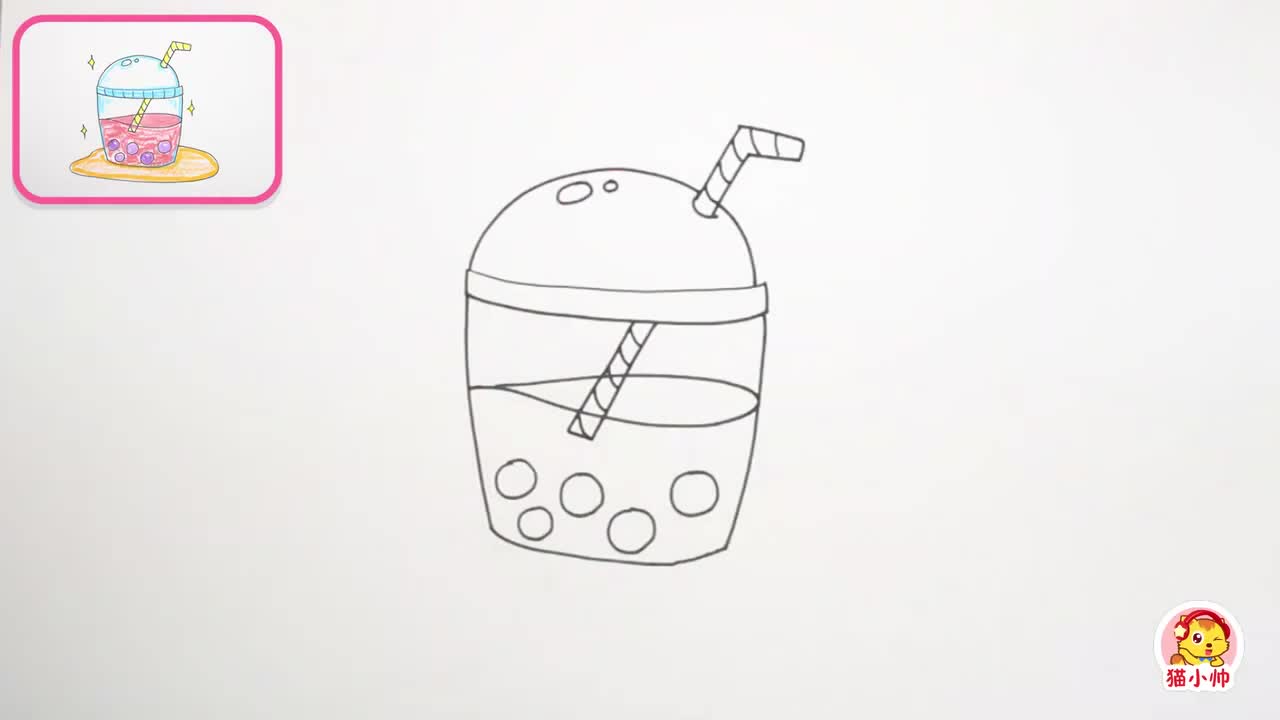1果汁简笔画:先画出一个高脚杯,在杯子上画出一把小伞,接着画半杯果汁