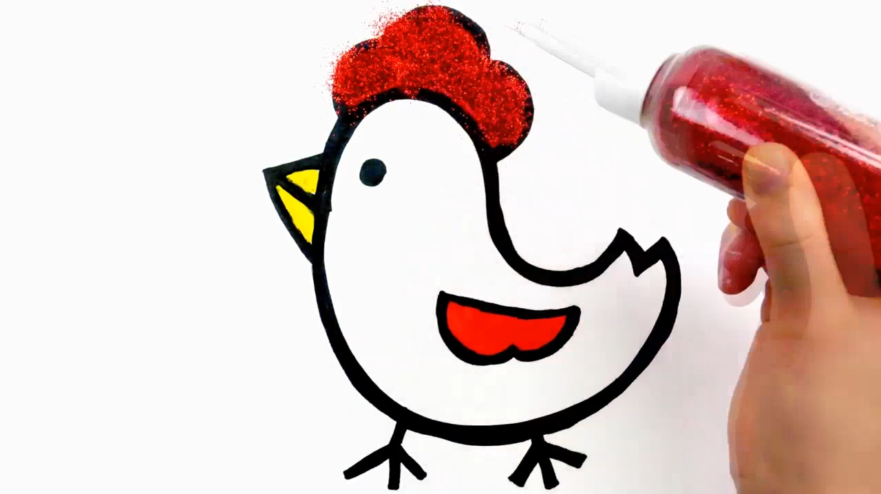 少儿学画画,画完小鸡后,涂上颜色并贴上闪光
