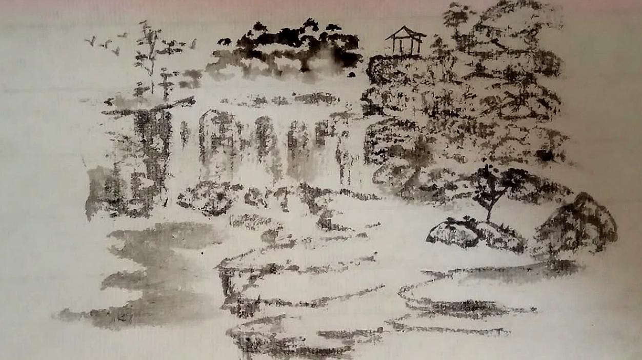 国画山水,山间的流水,淡墨渲染