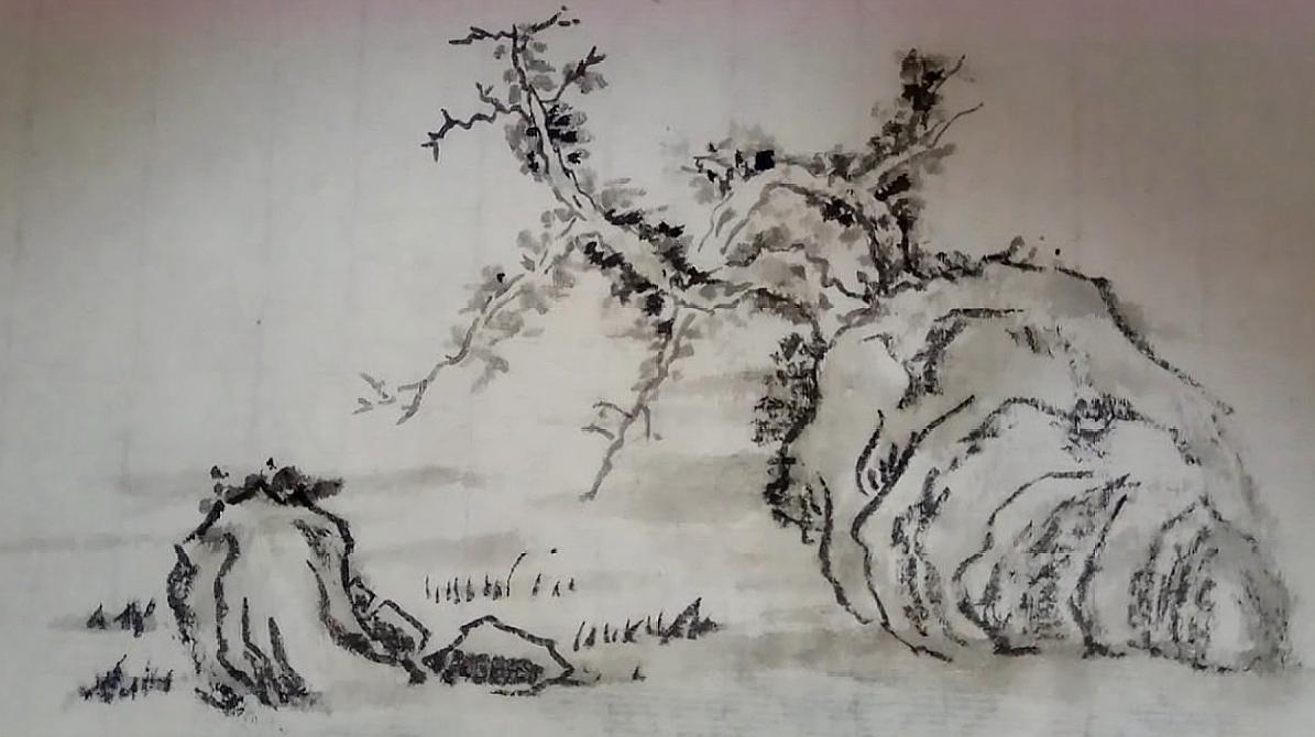 国画山水,河石上的两棵树,禅意十足