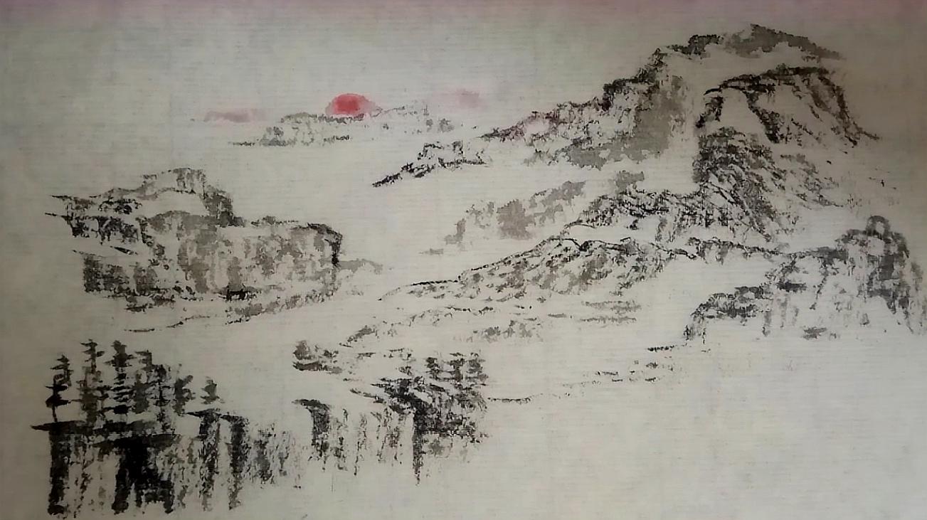 国画山水,日落西山红,气势雄伟