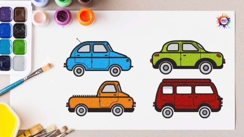 趣味儿画:蓝绿橙红小汽车之简单彩色绘画填色