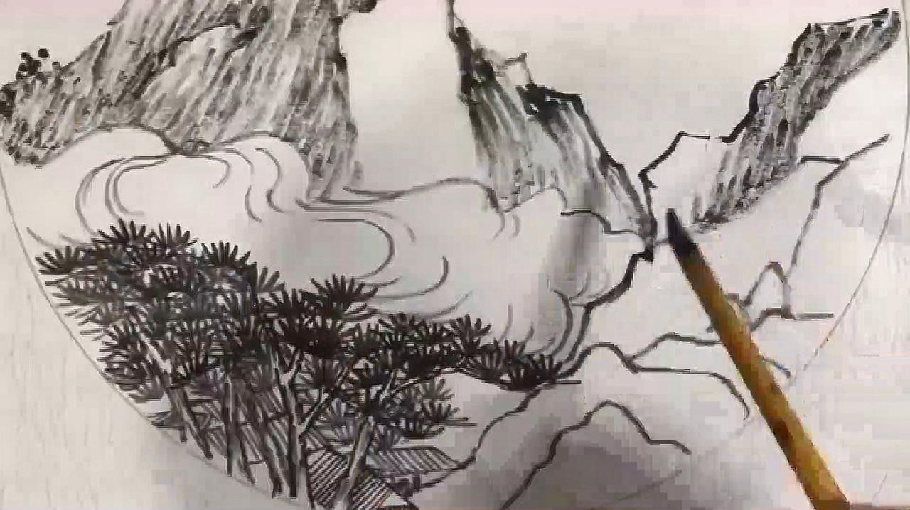 好看视频-国画技法:课堂上,刘凤龙演示山水画中,各种树的综合画法