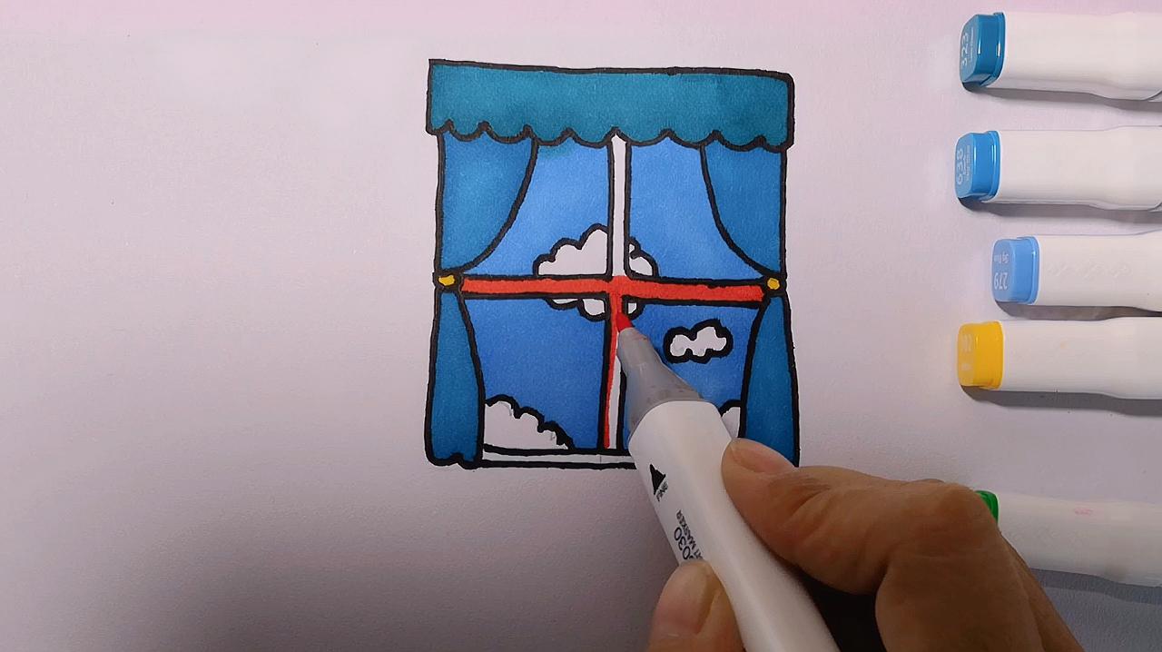 接着画出两侧卷起的窗帘,然后画出窗框,接着画出窗外的白云,最后涂上