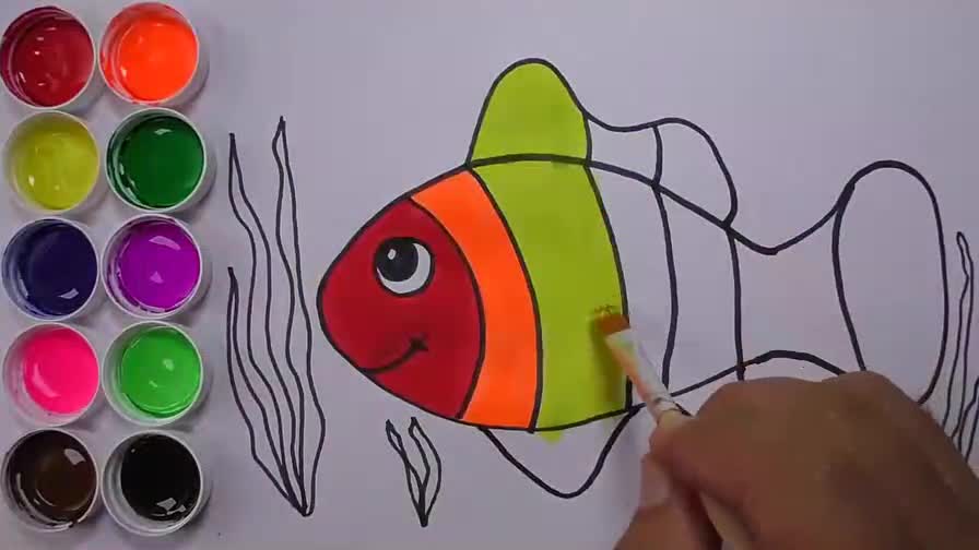 儿童色彩绘画早教,如何画鱼并一起涂上颜色!