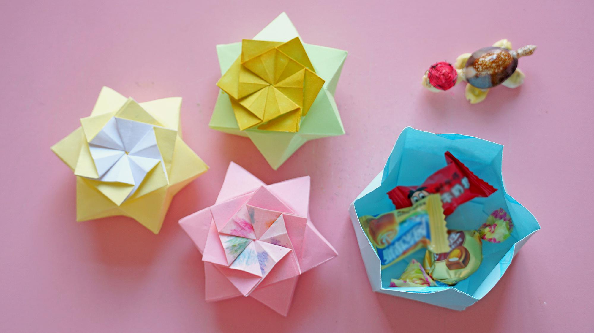 精致的折纸六芒星纸盒,可以当作糖果盒哦,一张纸可以折出两个!