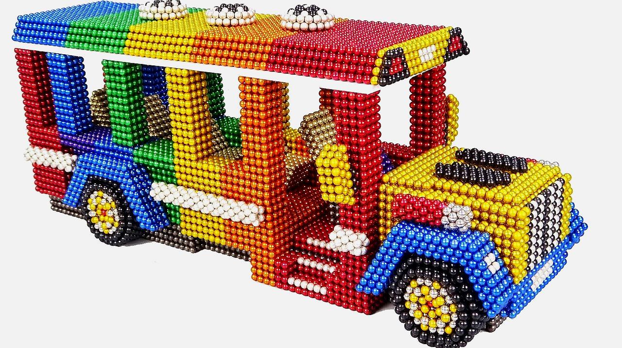 彩色磁力球拼装大大的校车玩具