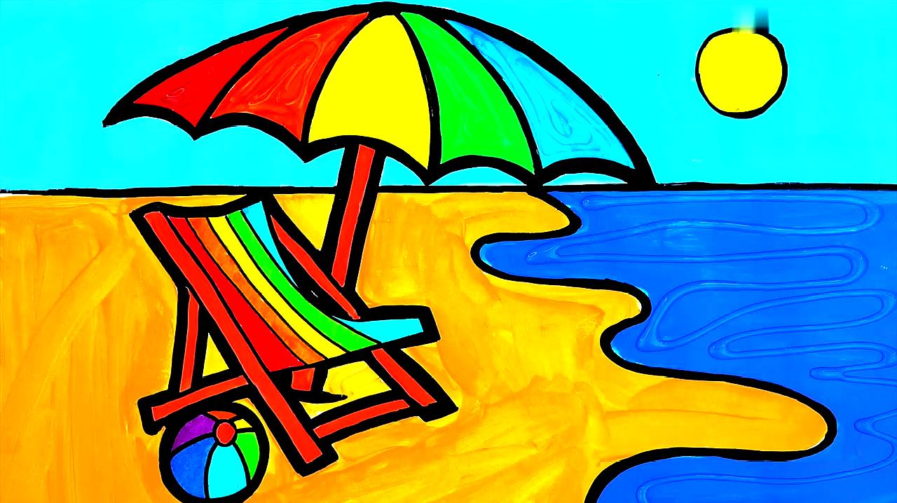 1画沙滩:首先画出海边的椰子树,太阳,水桶等景物,然后画出金黄的沙子