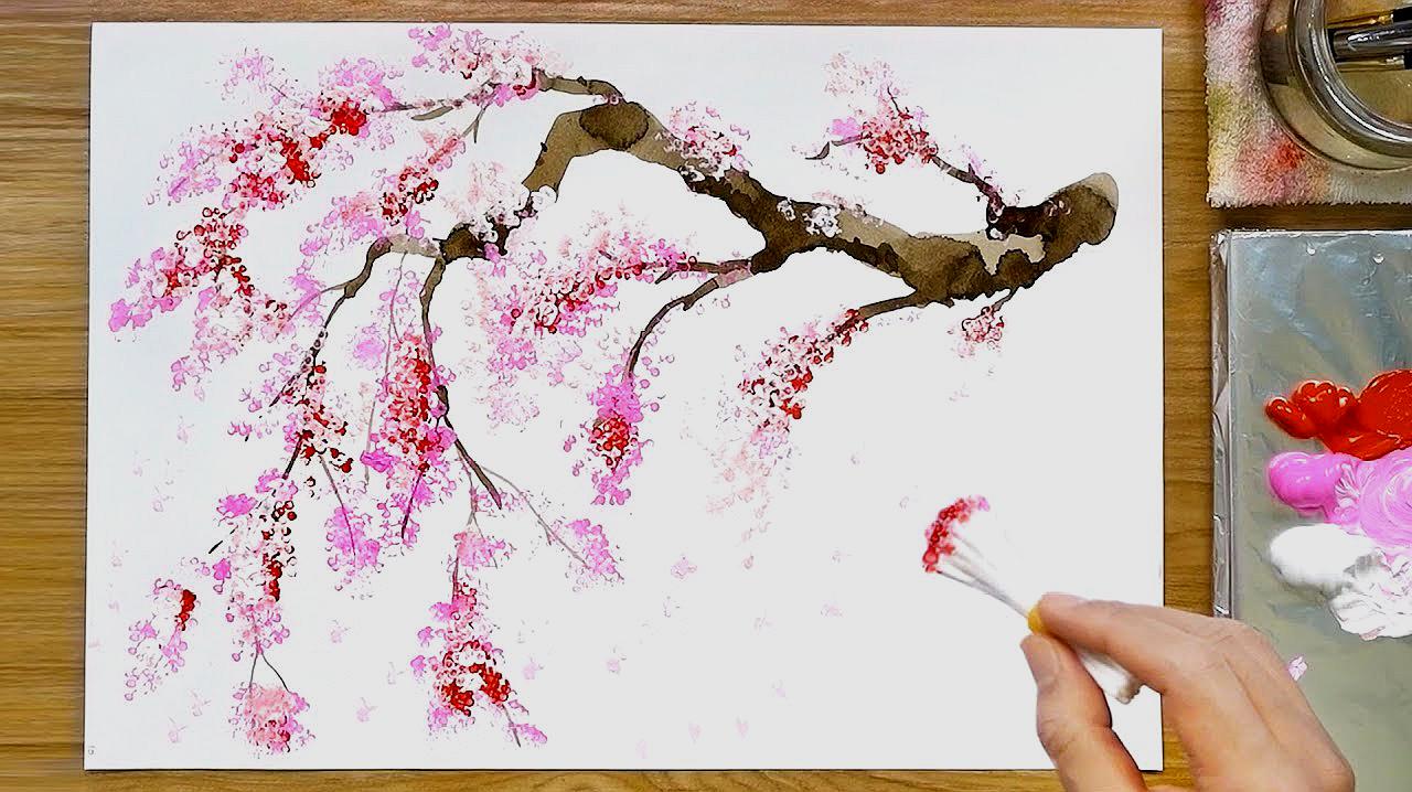 简单好学的丙烯画绘画视频,一步步绘制一棵樱花树