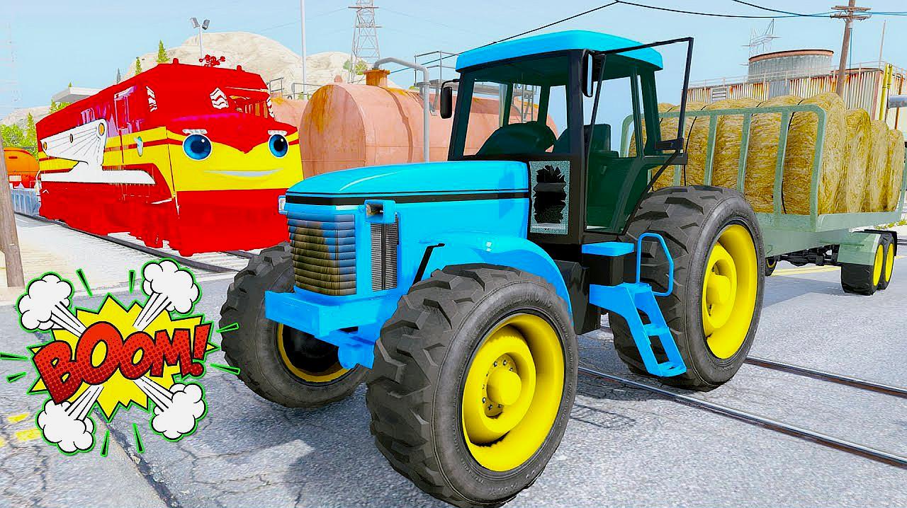 gta5:漫威蜘蛛侠把拖拉机,闪电麦昆和货车停在火车铁轨上(16)