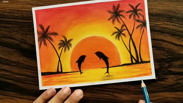 油画棒手绘风景画,夕阳下的海鸥 大海里的鲸鱼