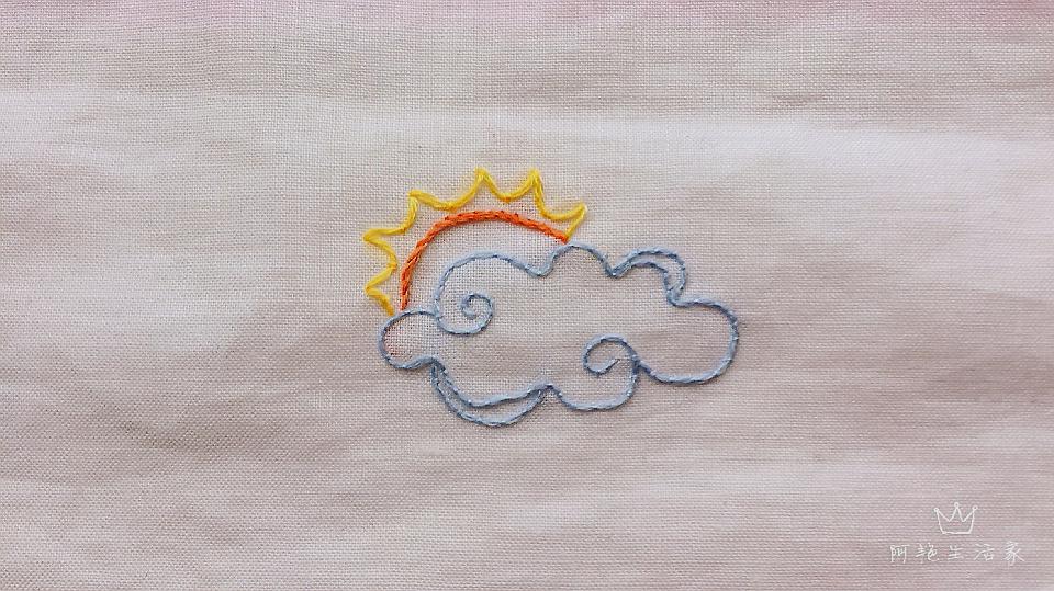 一起刺绣吧,今天就绣这个躲在云朵后的太阳,3种针法轻松绣制