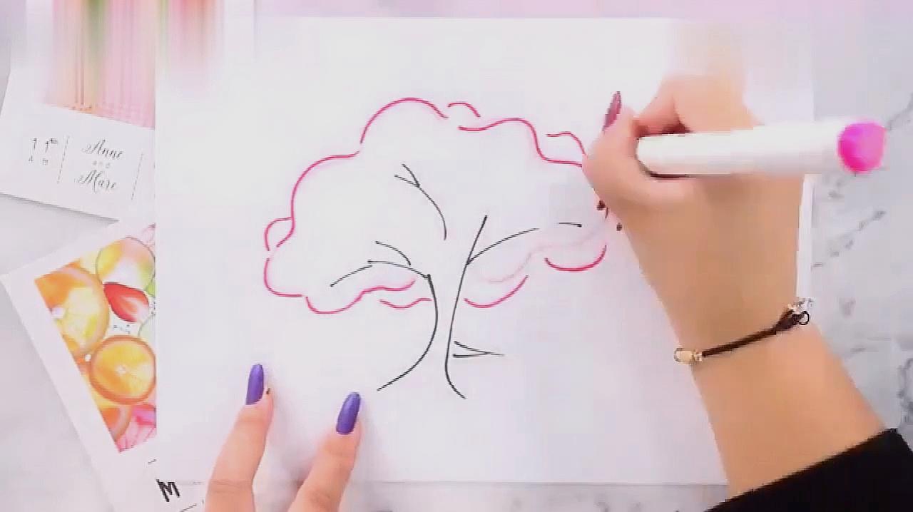 教你樱花树的简笔画,用彩铅画出樱花树,画完真是太漂亮了