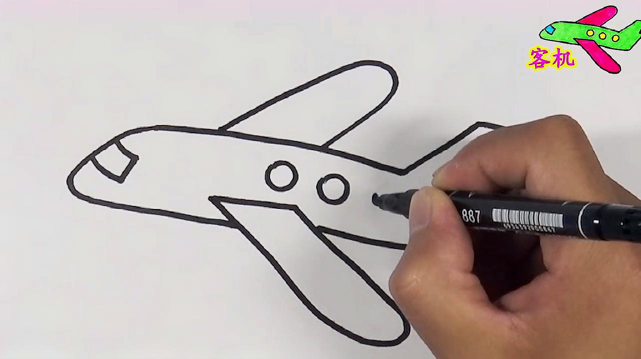 2飞机简笔画:先用水笔画出飞机的车型,在添加一些飞机细节就画好啦!