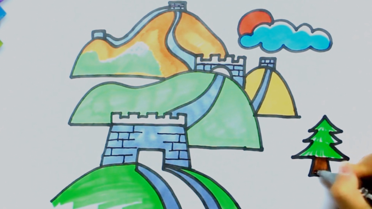 1长城简笔画:先画出两个烽火台,然后画出城墙和周围的树木,最后涂上