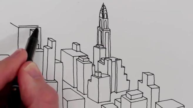 2城市简笔画教程:首先画出城市的楼房建筑,要做到横平竖直,建筑要有