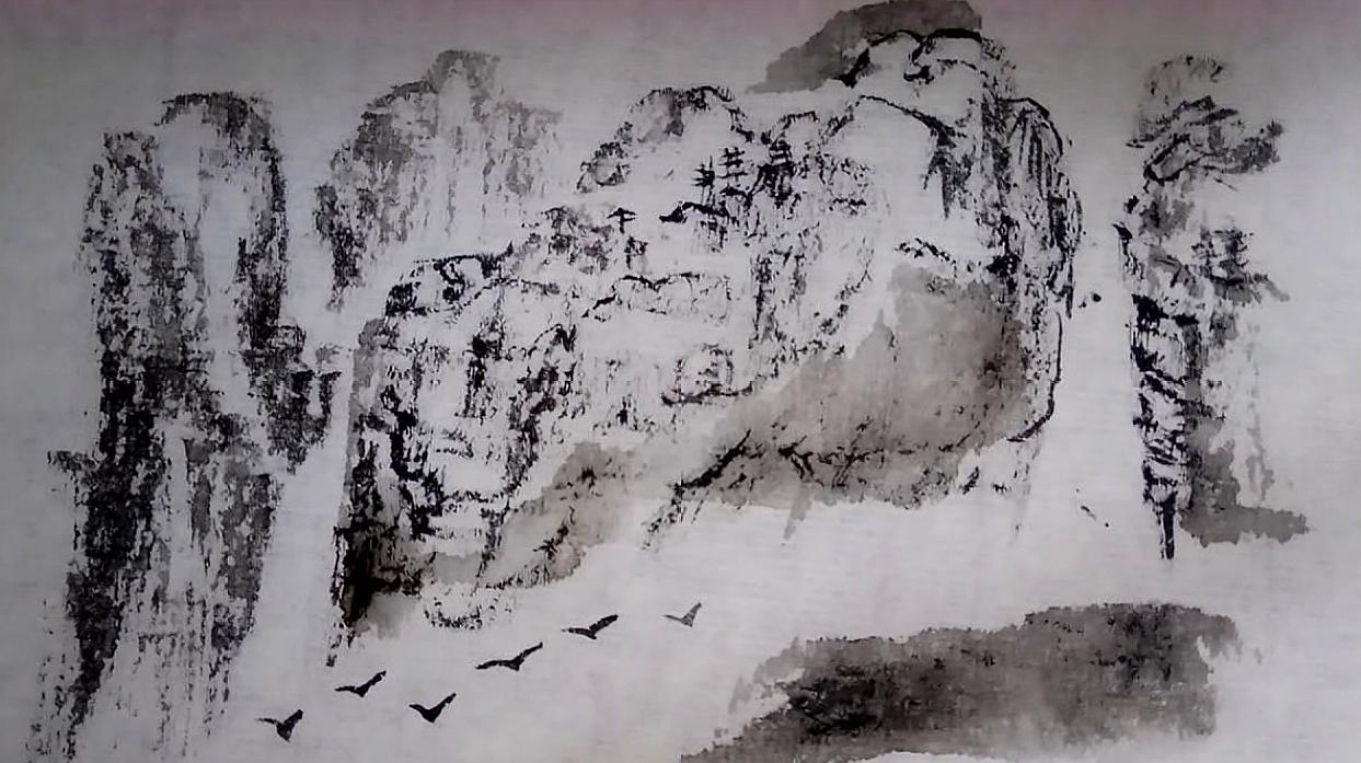 国画山川,淡墨渲染山根,气势雄伟